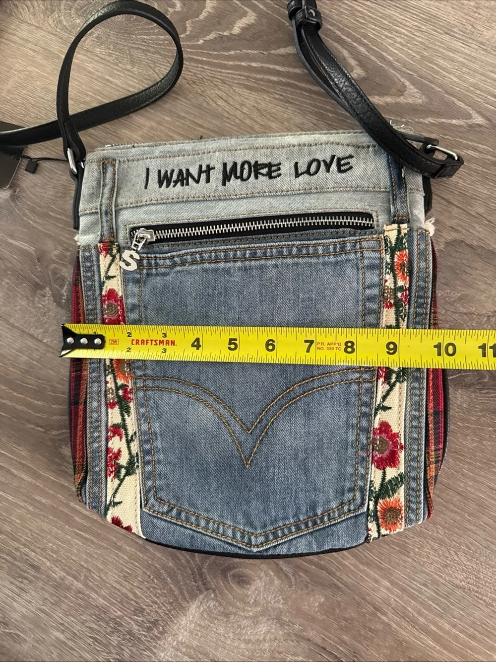 Desigual NWT Denim Crossbody Bag  Embroidery Sequin Patchwork I Want More Love